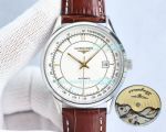 Replica Longines White Dial Silver Bezel Brown Leather Strap Watch 42mm